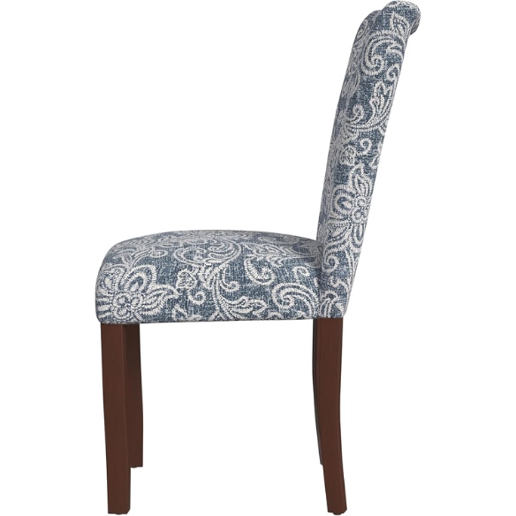 Set of two Parsons dining chairs with denim blue and white floral upholstery, high back design, scalloped seat front, and wood legs