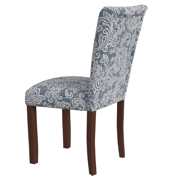 Set of two Parsons dining chairs with denim blue and white floral upholstery, high back design, scalloped seat front, and wood legs