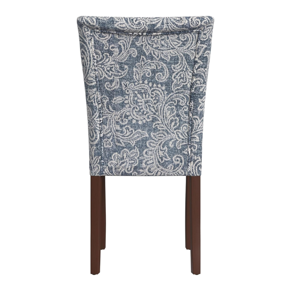 Set of two Parsons dining chairs with denim blue and white floral upholstery, high back design, scalloped seat front, and wood legs