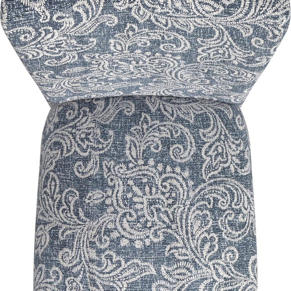 Set of two Parsons dining chairs with denim blue and white floral upholstery, high back design, scalloped seat front, and wood legs