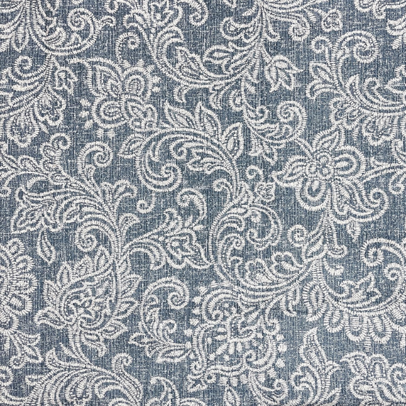 Set of two Parsons dining chairs with denim blue and white floral upholstery, high back design, scalloped seat front, and wood legs