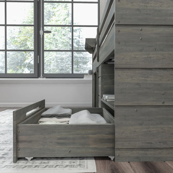 Driftwood grey twin low loft bed with angled ladder, storage drawer, open shelf, and bedside tray – solid wood frame with farmhouse style for kids' bedrooms