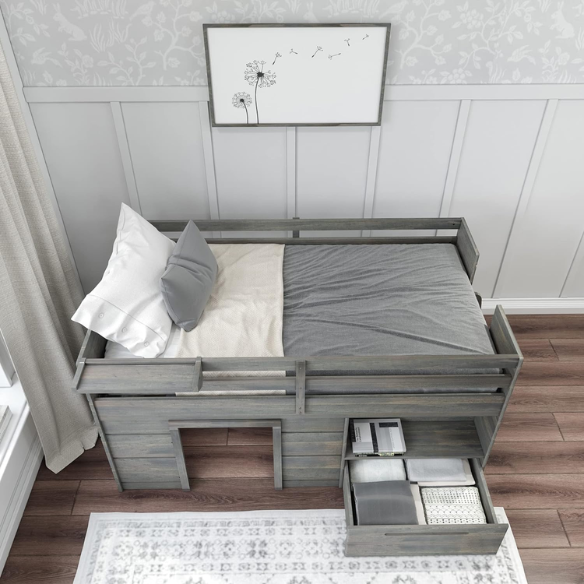 Driftwood grey twin low loft bed with angled ladder, storage drawer, open shelf, and bedside tray – solid wood frame with farmhouse style for kids' bedrooms