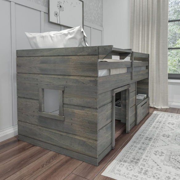 Driftwood grey twin low loft bed with angled ladder, storage drawer, open shelf, and bedside tray – solid wood frame with farmhouse style for kids' bedrooms
