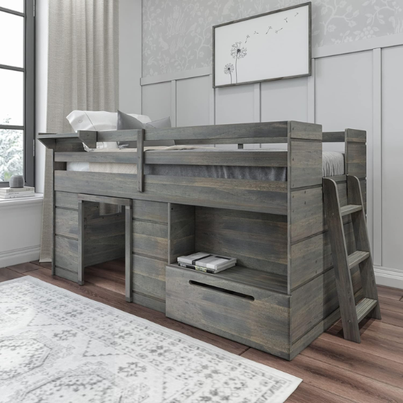 Driftwood grey twin low loft bed with angled ladder, storage drawer, open shelf, and bedside tray – solid wood frame with farmhouse style for kids' bedrooms