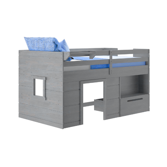 Driftwood grey twin low loft bed with angled ladder, storage drawer, open shelf, and bedside tray – solid wood frame with farmhouse style for kids' bedrooms