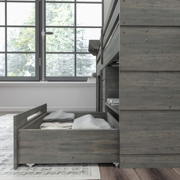 Driftwood grey twin low loft bed with angled ladder, storage drawer, open shelf, and bedside tray – solid wood frame with farmhouse style for kids' bedrooms