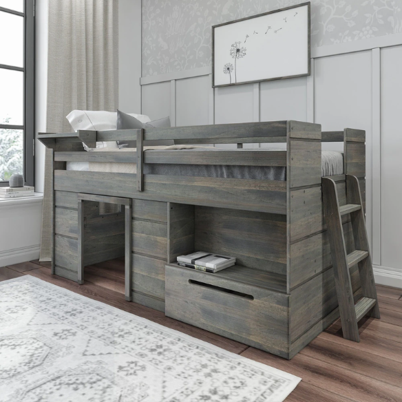 Driftwood grey twin low loft bed with angled ladder, storage drawer, open shelf, and bedside tray – solid wood frame with farmhouse style for kids' bedrooms