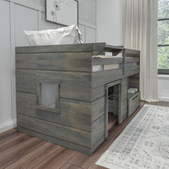 Driftwood grey twin low loft bed with angled ladder, storage drawer, open shelf, and bedside tray – solid wood frame with farmhouse style for kids' bedrooms