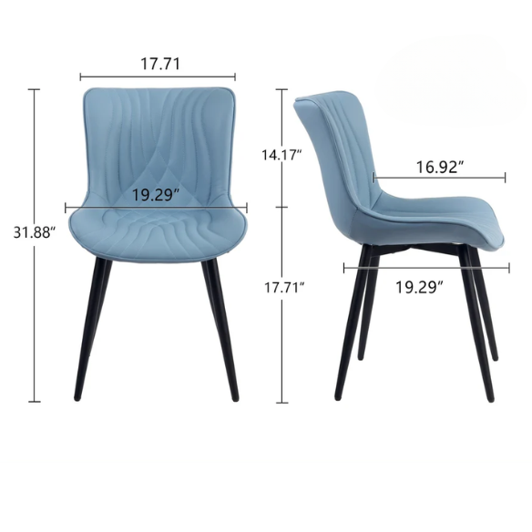 Set of 2 dusty blue faux leather dining chairs with fishtail tufted back and black metal legs, perfect for modern dining rooms or kitchen spaces.