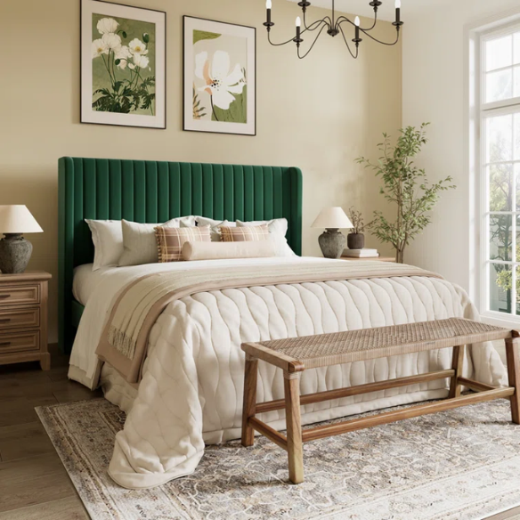 Emerald green velvet queen bed with tufted wingback headboard, 8-inch underbed clearance, and solid wood frame.