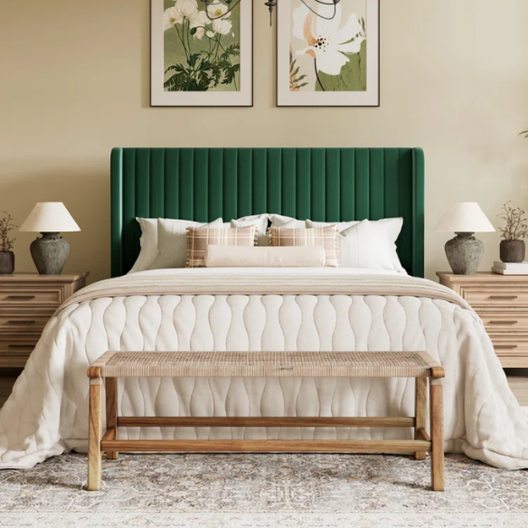 Emerald green velvet queen bed with tufted wingback headboard, 8-inch underbed clearance, and solid wood frame.