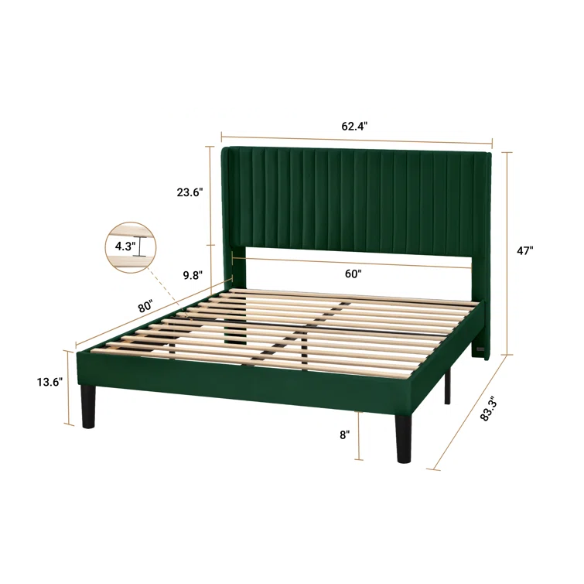 Emerald green velvet queen bed with tufted wingback headboard, 8-inch underbed clearance, and solid wood frame.