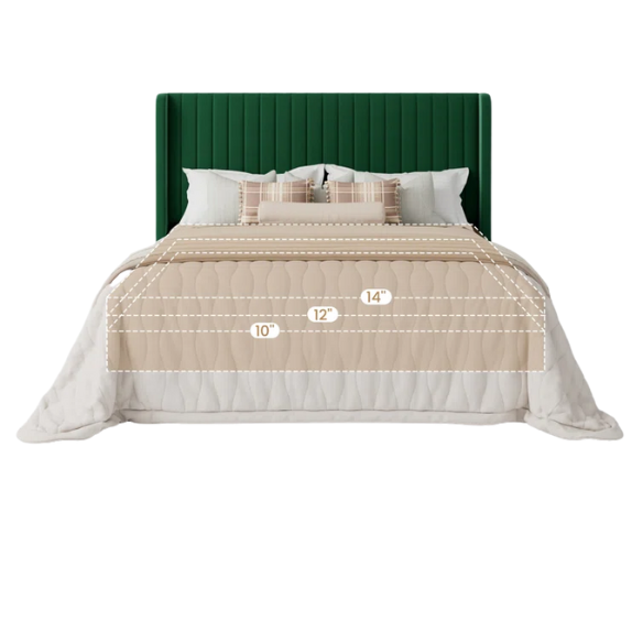 Emerald green velvet queen bed with tufted wingback headboard, 8-inch underbed clearance, and solid wood frame.