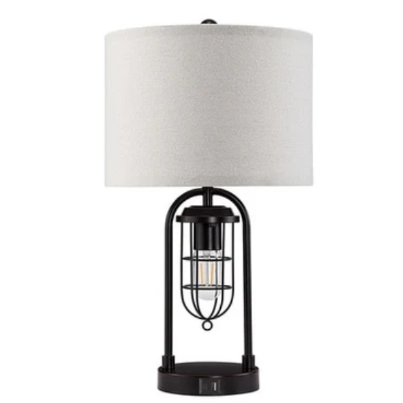 Set of two 21.5-inch espresso table lamps with arch-shaped metal bases, beige fabric drum shades, built-in USB-A and USB-C charging ports, and lantern-style night lights — ideal for modern, industrial, or transitional interiors.