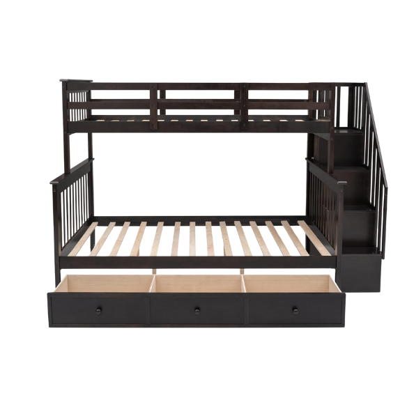 Twin over full bunk bed in espresso finish with stairs, built-in storage compartments, and underbed drawers – solid wood frame ideal for kids and shared bedrooms