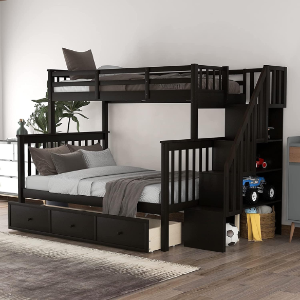 Twin over full bunk bed in espresso finish with stairs, built-in storage compartments, and underbed drawers – solid wood frame ideal for kids and shared bedrooms