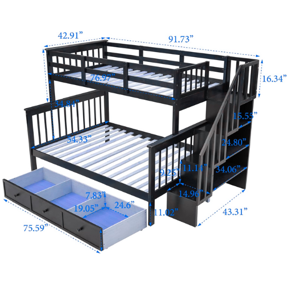 Twin over full bunk bed in espresso finish with stairs, built-in storage compartments, and underbed drawers – solid wood frame ideal for kids and shared bedrooms