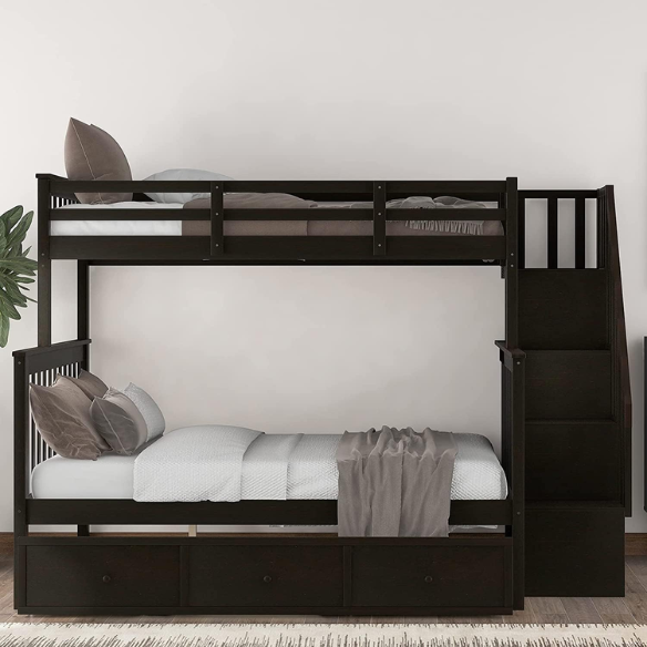Twin over full bunk bed in espresso finish with stairs, built-in storage compartments, and underbed drawers – solid wood frame ideal for kids and shared bedrooms