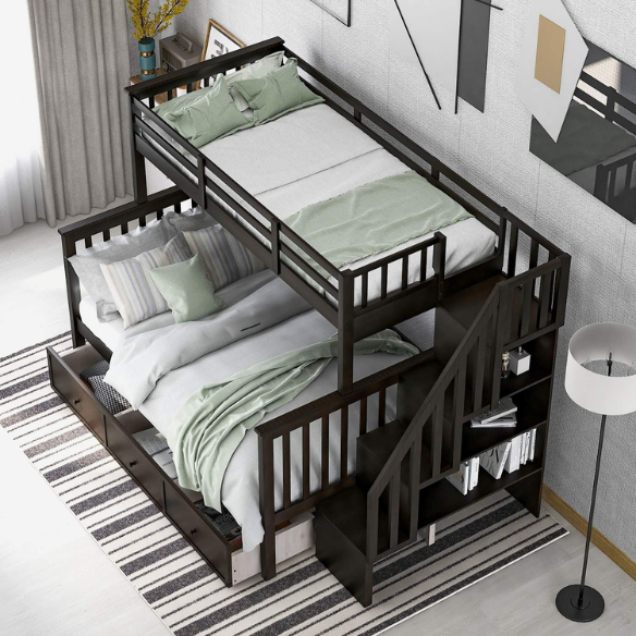 Twin over full bunk bed in espresso finish with stairs, built-in storage compartments, and underbed drawers – solid wood frame ideal for kids and shared bedrooms