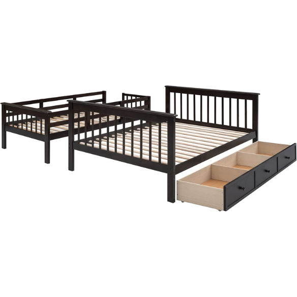 Twin over full bunk bed in espresso finish with stairs, built-in storage compartments, and underbed drawers – solid wood frame ideal for kids and shared bedrooms