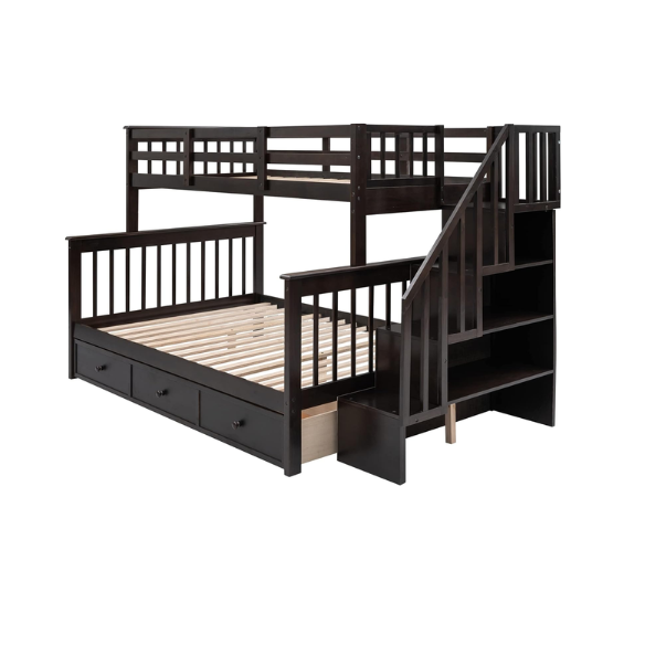 Twin over full bunk bed in espresso finish with stairs, built-in storage compartments, and underbed drawers – solid wood frame ideal for kids and shared bedrooms
