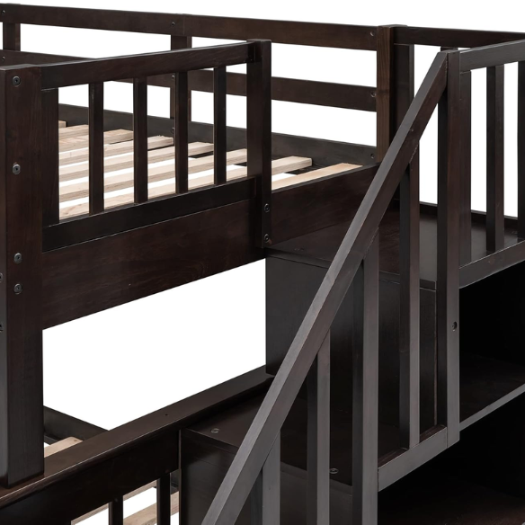 Twin over full bunk bed in espresso finish with stairs, built-in storage compartments, and underbed drawers – solid wood frame ideal for kids and shared bedrooms