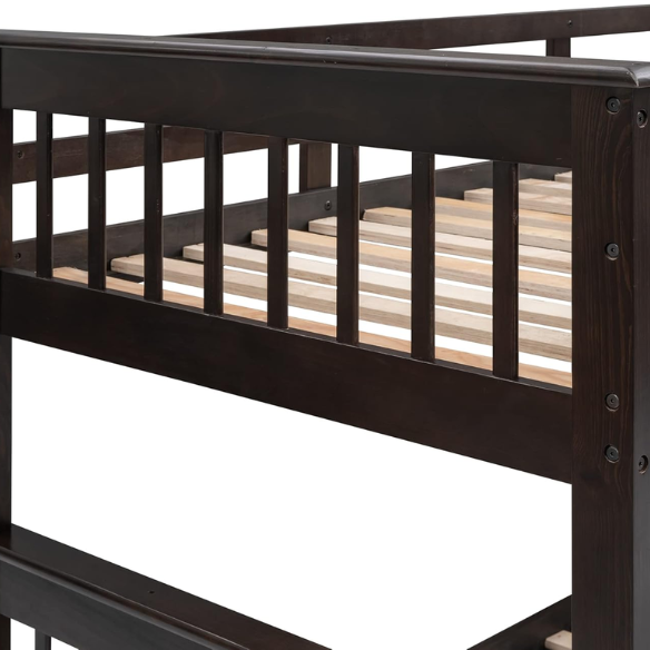 Twin over full bunk bed in espresso finish with stairs, built-in storage compartments, and underbed drawers – solid wood frame ideal for kids and shared bedrooms