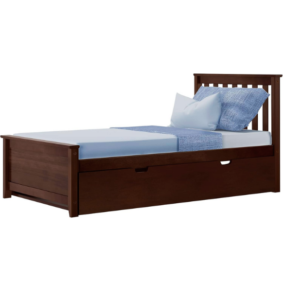 Espresso-finished solid wood twin bed with pull-out trundle, modern slatted headboard and footboard, perfect for kids’ rooms and sleepovers.
