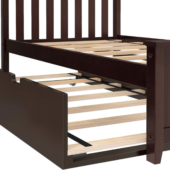 Espresso-finished solid wood twin bed with pull-out trundle, modern slatted headboard and footboard, perfect for kids’ rooms and sleepovers.