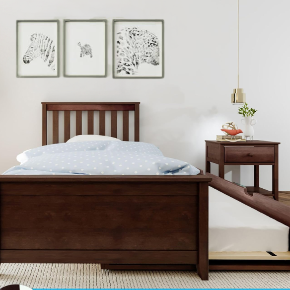 Espresso-finished solid wood twin bed with pull-out trundle, modern slatted headboard and footboard, perfect for kids’ rooms and sleepovers.