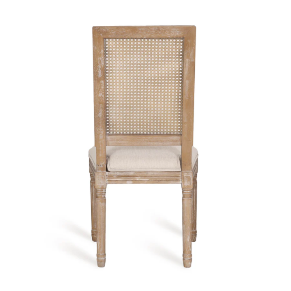 Set of 6 rustic French country-style dining chairs featuring natural wood frames, cane backrests, and soft beige upholstered seat cushions.
