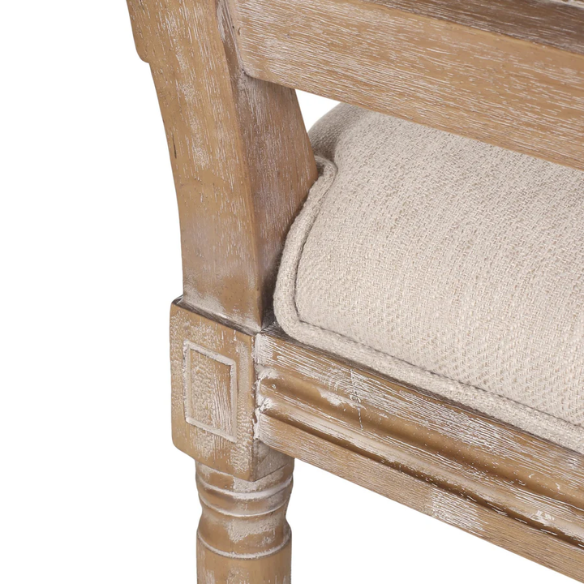 Set of 6 rustic French country-style dining chairs featuring natural wood frames, cane backrests, and soft beige upholstered seat cushions.