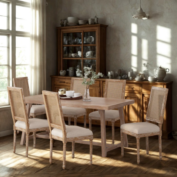 Set of 6 rustic French country-style dining chairs featuring natural wood frames, cane backrests, and soft beige upholstered seat cushions.