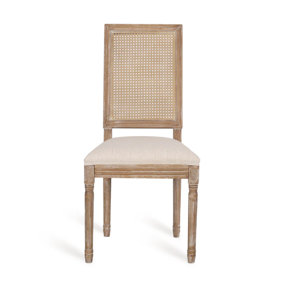 Set of 6 rustic French country-style dining chairs featuring natural wood frames, cane backrests, and soft beige upholstered seat cushions.