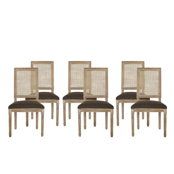 Set of 6 French country-style dining chairs featuring natural wood frames, cane backrests, and soft brown upholstered seats with fluted legs.