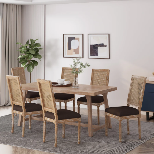 Set of 6 French country-style dining chairs featuring natural wood frames, cane backrests, and soft brown upholstered seats with fluted legs.