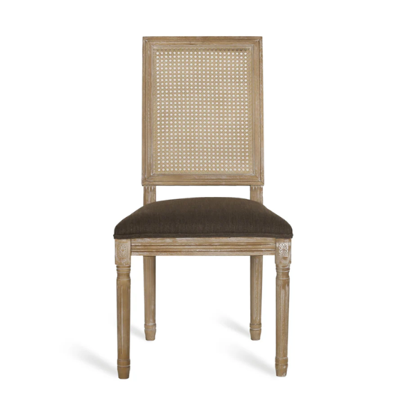 Set of 6 French country-style dining chairs featuring natural wood frames, cane backrests, and soft brown upholstered seats with fluted legs.