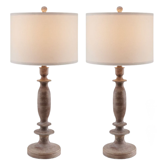 Set of 2 farmhouse-style 29-inch table lamps with hand-painted wood finish, white linen drum shades, and energy-efficient LED bulbs