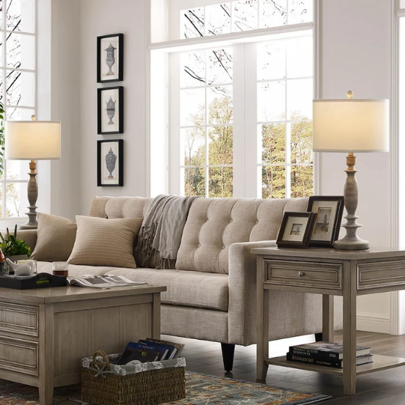Set of 2 farmhouse-style 29-inch table lamps with hand-painted wood finish, white linen drum shades, and energy-efficient LED bulbs