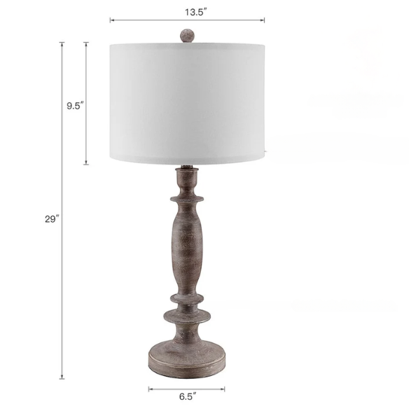Set of 2 farmhouse-style 29-inch table lamps with hand-painted wood finish, white linen drum shades, and energy-efficient LED bulbs