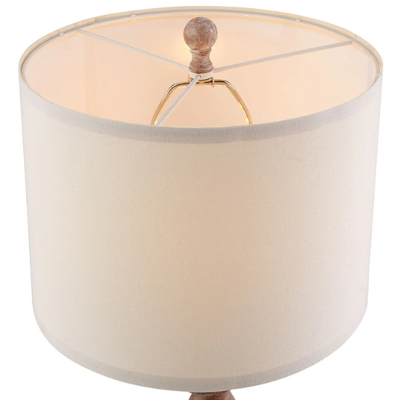 Set of 2 farmhouse-style 29-inch table lamps with hand-painted wood finish, white linen drum shades, and energy-efficient LED bulbs