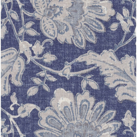 Set of two blue and cream floral Parsons dining chairs with high back, scalloped seat front, and wood legs in a traditional design