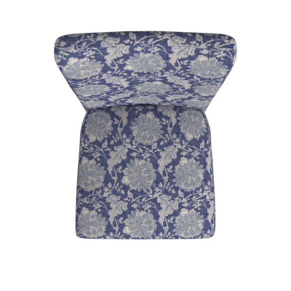 Set of two blue and cream floral Parsons dining chairs with high back, scalloped seat front, and wood legs in a traditional design
