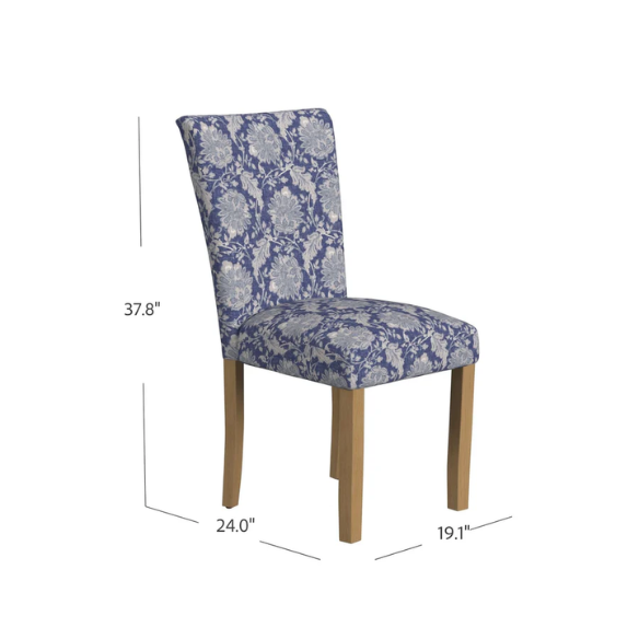 Set of two blue and cream floral Parsons dining chairs with high back, scalloped seat front, and wood legs in a traditional design