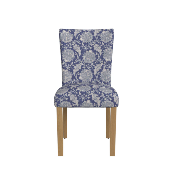 Set of two blue and cream floral Parsons dining chairs with high back, scalloped seat front, and wood legs in a traditional design