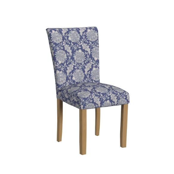 Set of two blue and cream floral Parsons dining chairs with high back, scalloped seat front, and wood legs in a traditional design