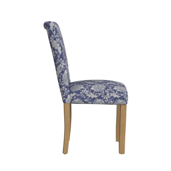 Set of two blue and cream floral Parsons dining chairs with high back, scalloped seat front, and wood legs in a traditional design