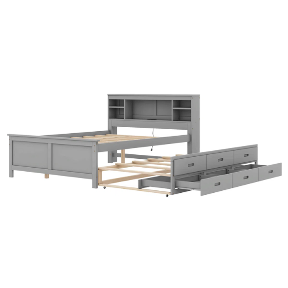 Full size wooden platform bed in modern finish with USB headboard, three underbed storage drawers, and twin-size trundle bed for extra sleeping space.