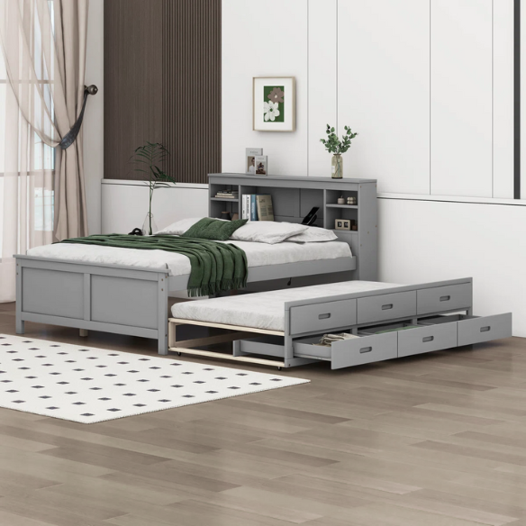 Full size wooden platform bed in modern finish with USB headboard, three underbed storage drawers, and twin-size trundle bed for extra sleeping space.